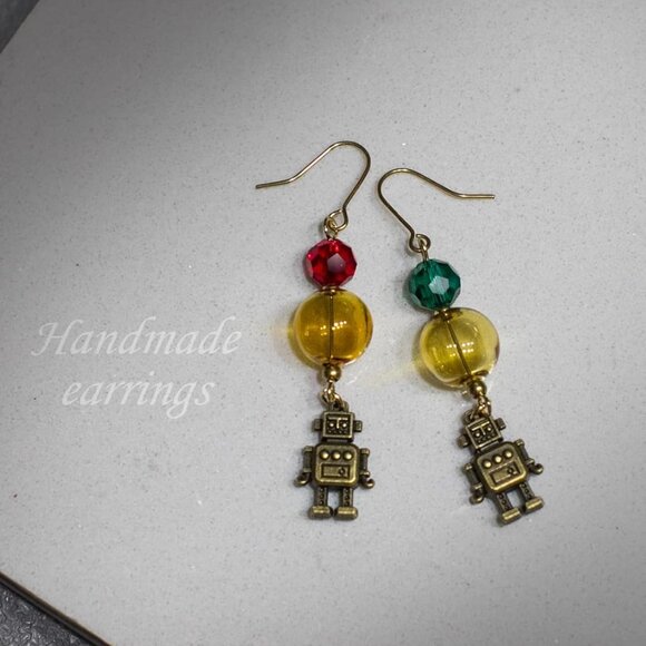Steampunk Mismatched Glass Ball Dangle Earrings for Women, Brass & Copper, Uniqu - Picture 3 of 7